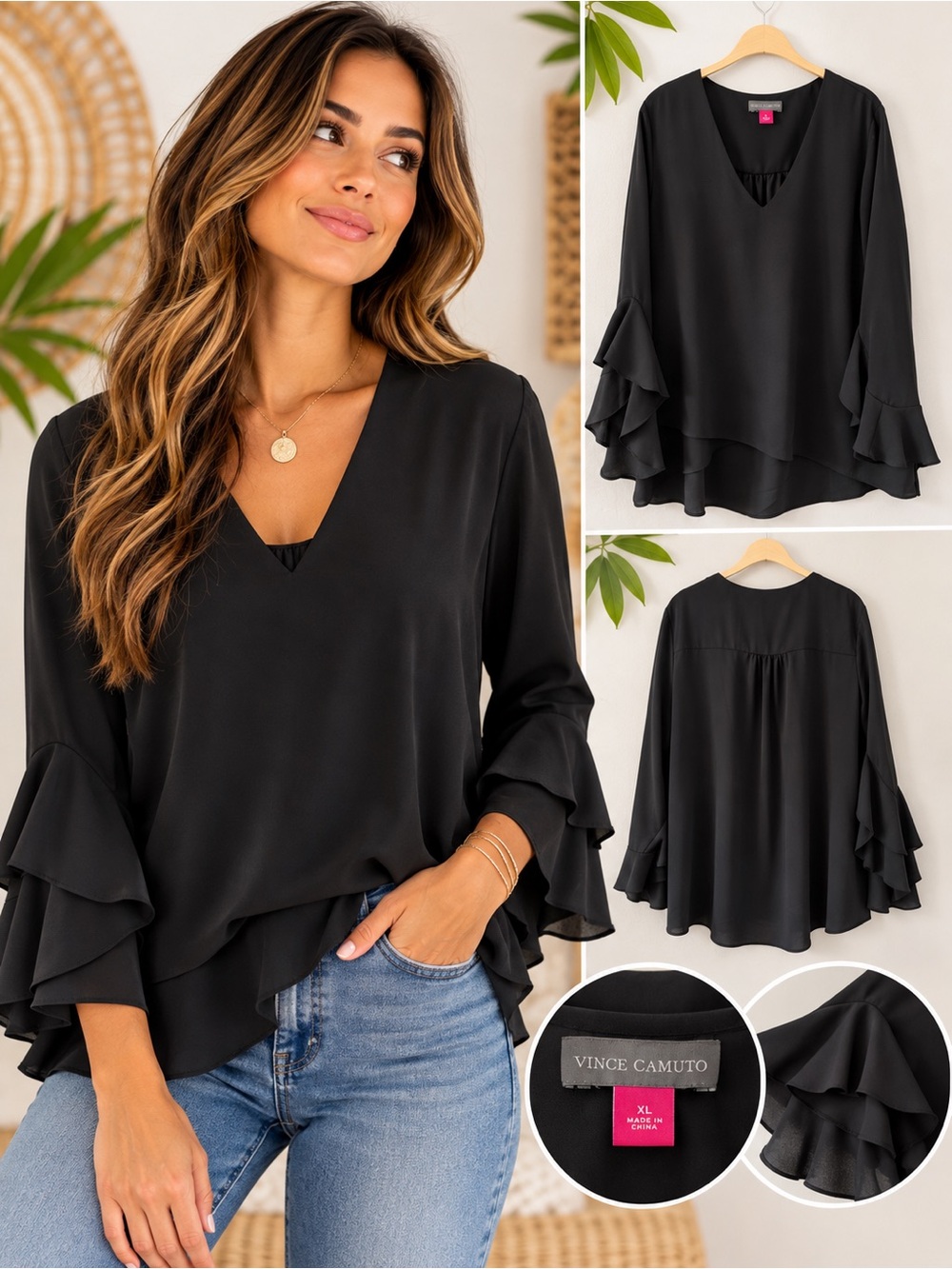 Vince Camuto Black V-Neck Tiered Ruffle Sleeve Blouse Top XL